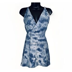 Katmandu Strappy Cotton Surplice LG Smocked Tank Top Babydoll Tunic Blue Tie Dye